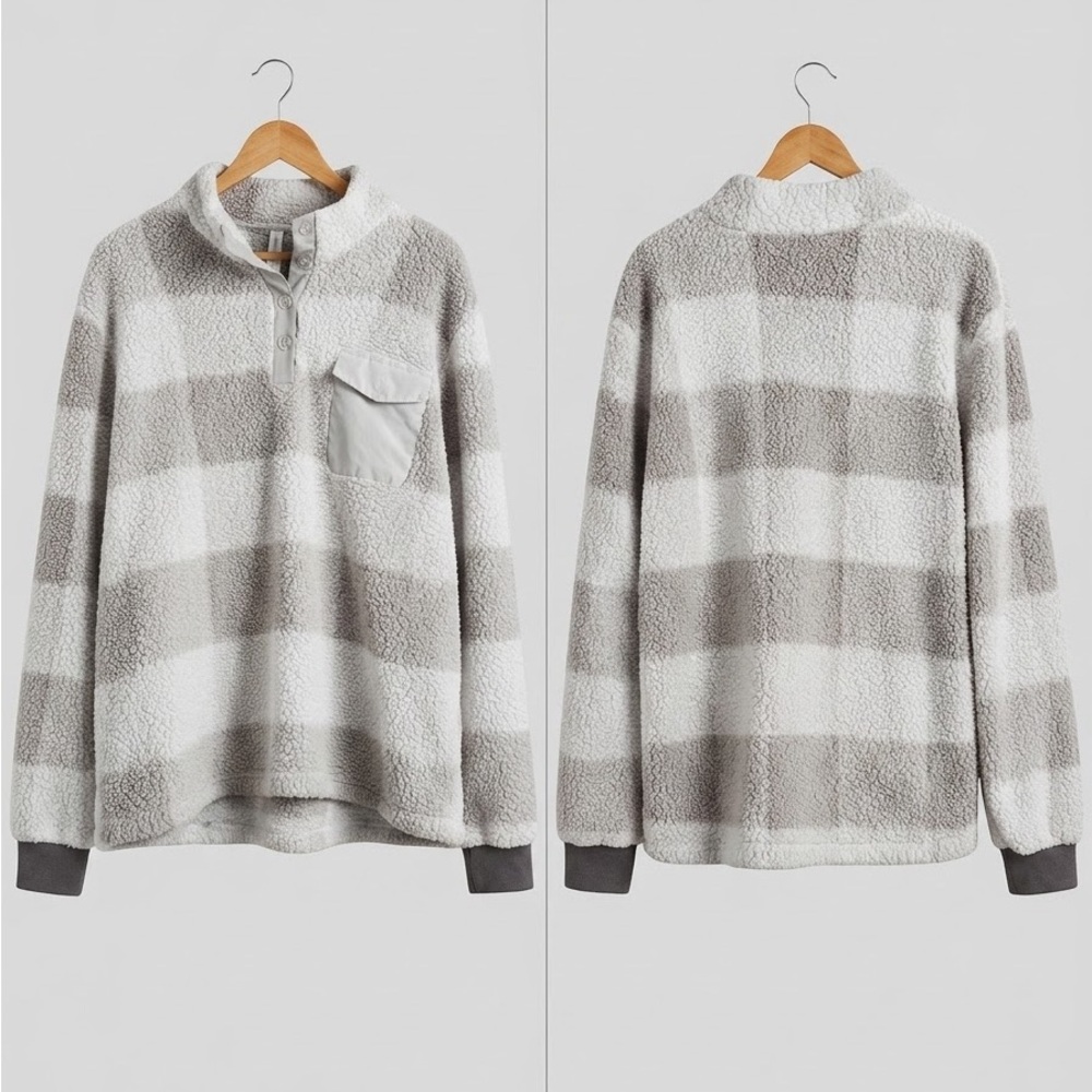 Chicyea Cozy Gray & White Sherpa Pullover Sweater Size Medium M